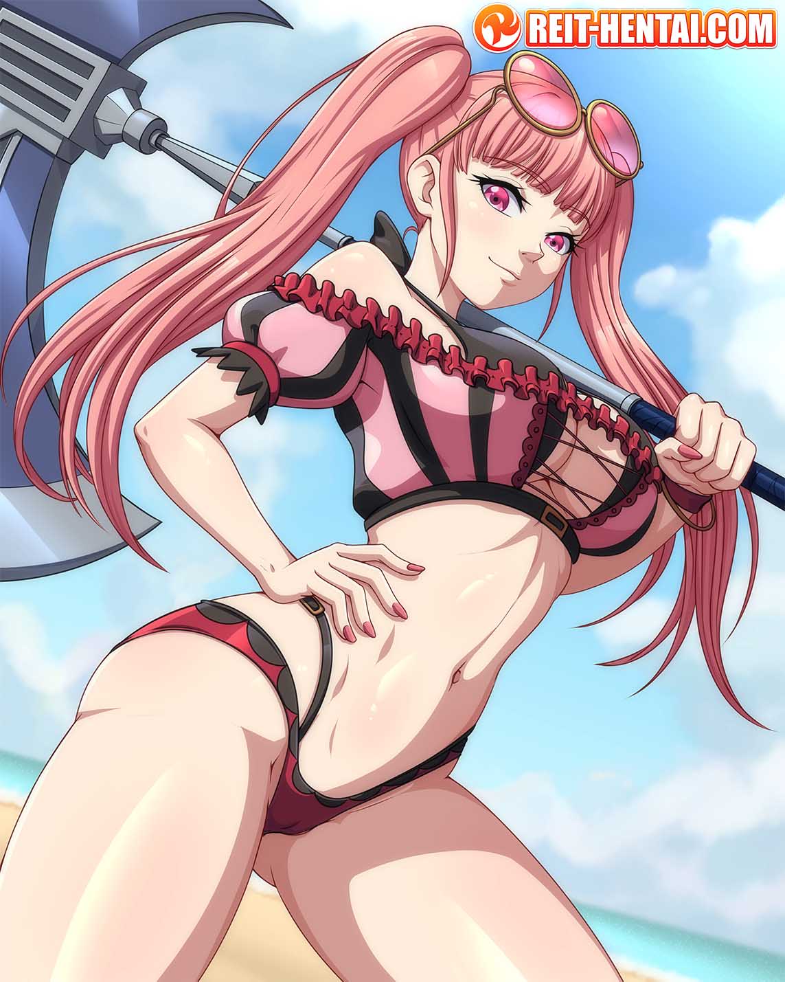 1girl alluring axe bare_shoulders big_breasts bikini blue_sky blunt_bangs blurry blurry_background closed_mouth eyewear_on_head female_focus fire_emblem fire_emblem:_three_houses fire_emblem_heroes halterneck high_res hilda_valentine_goneril hilda_valentine_goneril_(summer) holding holding_axe intelligent_systems looking_at_viewer matching_hair/eyes navel nintendo ocean off-shoulder_bikini off_shoulder official_alternate_costume outside pink_bikini pink_eyes pink_hair reit sky smile stomach striped_bikini striped_clothes sunglasses swimsuit twin_tails vertical-striped_bikini vertical-striped_clothes water