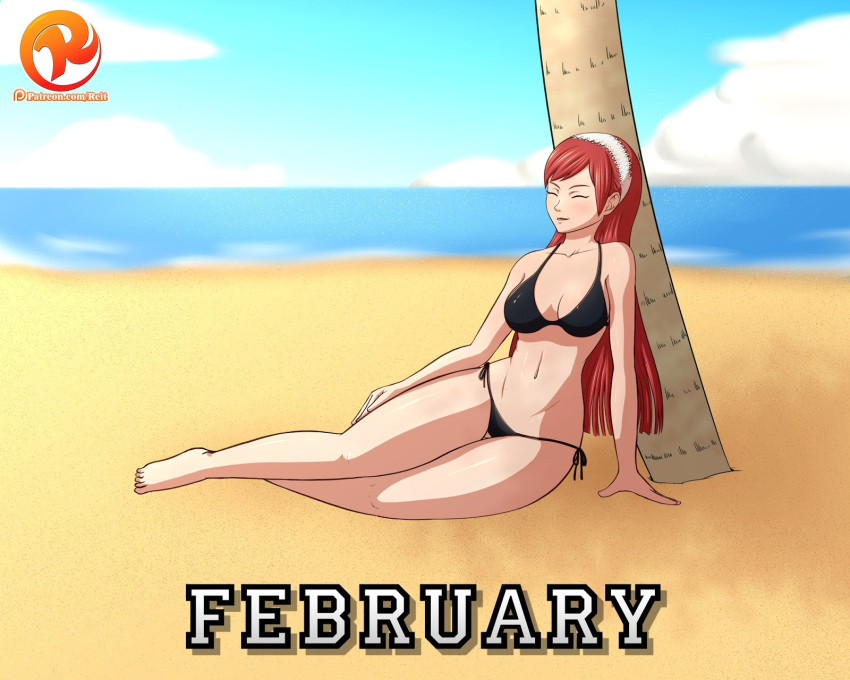 1girl alluring barefoot beach bikini black_bikini cherche_(fire_emblem) cleavage closed_eyes cloud fire_emblem fire_emblem_awakening hairband high_res intelligent_systems long_hair navel nintendo ocean palm_tree pink_hair reit sand sky swimsuit tree water watermark