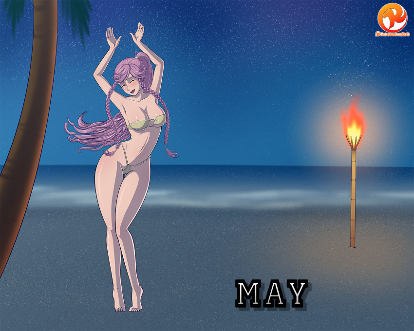1girl alluring barefoot beach bikini blush braid cleavage fire fire_emblem fire_emblem_awakening high_res intelligent long_hair micro_bikini navel night nintendo o-ring o-ring_bikini o-ring_bikini_top ocean olivia_(fire_emblem) palm_tree pink_hair ponytail reit sand sky strapless strapless_bikini swimsuit tree twin_braids water