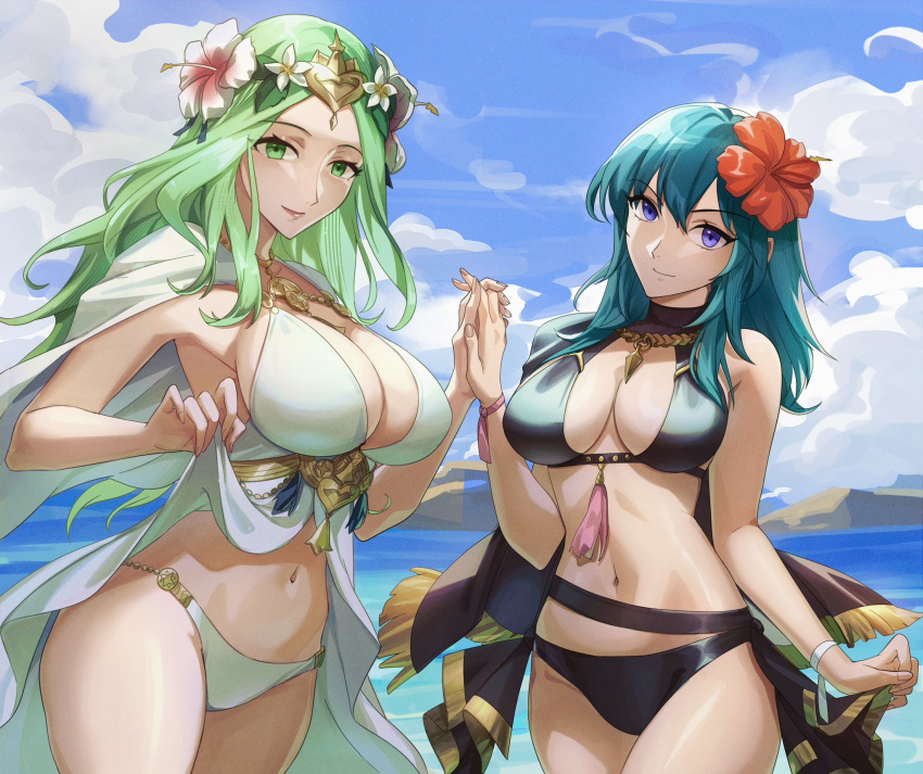2_girls alluring beach big_breasts bikini bikini_boody black_bikini black_cape blue_eyes breasts byleth_(fire_emblem) byleth_(fire_emblem)_(female) cape cleavage closed_mouth fire_emblem fire_emblem:_three_houses fire_emblem_heroes flower green_eyes green_hair hair_between_eyes hair_flower hair_ornament hibiscus high_res intelligent_systems long_hair looking_at_viewer medium_breasts multiple_girls navel nintendo official_alternate_costume red_flower rhea_(fire_emblem) rhea_(summer)_(fire_emblem) smile swimsuit teal_hair white_bikini