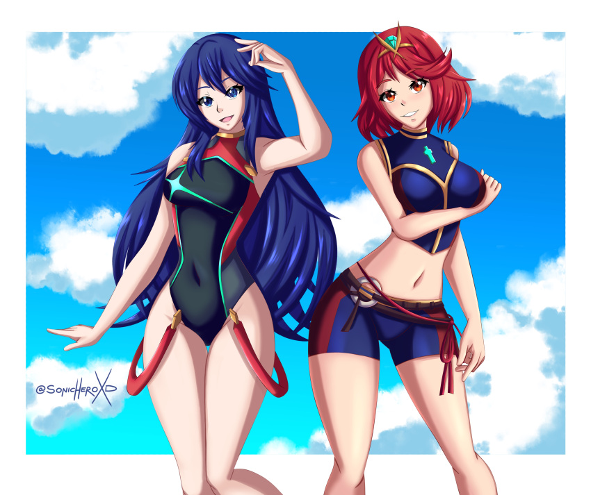 2girls alluring alternate_costume big_breasts bikini bikini_switch blue_bikini blue_swimsuit core_crystal costume_switch crossover female_only fire_emblem fire_emblem_awakening fire_emblem_cipher looking_at_viewer lucina_(fire_emblem) nintendo one-piece_bikini pyra_(pro_swimmer)_(xenoblade) pyra_(xenoblade) sonicheroxd swimsuit xenoblade_(series) xenoblade_chronicles_2