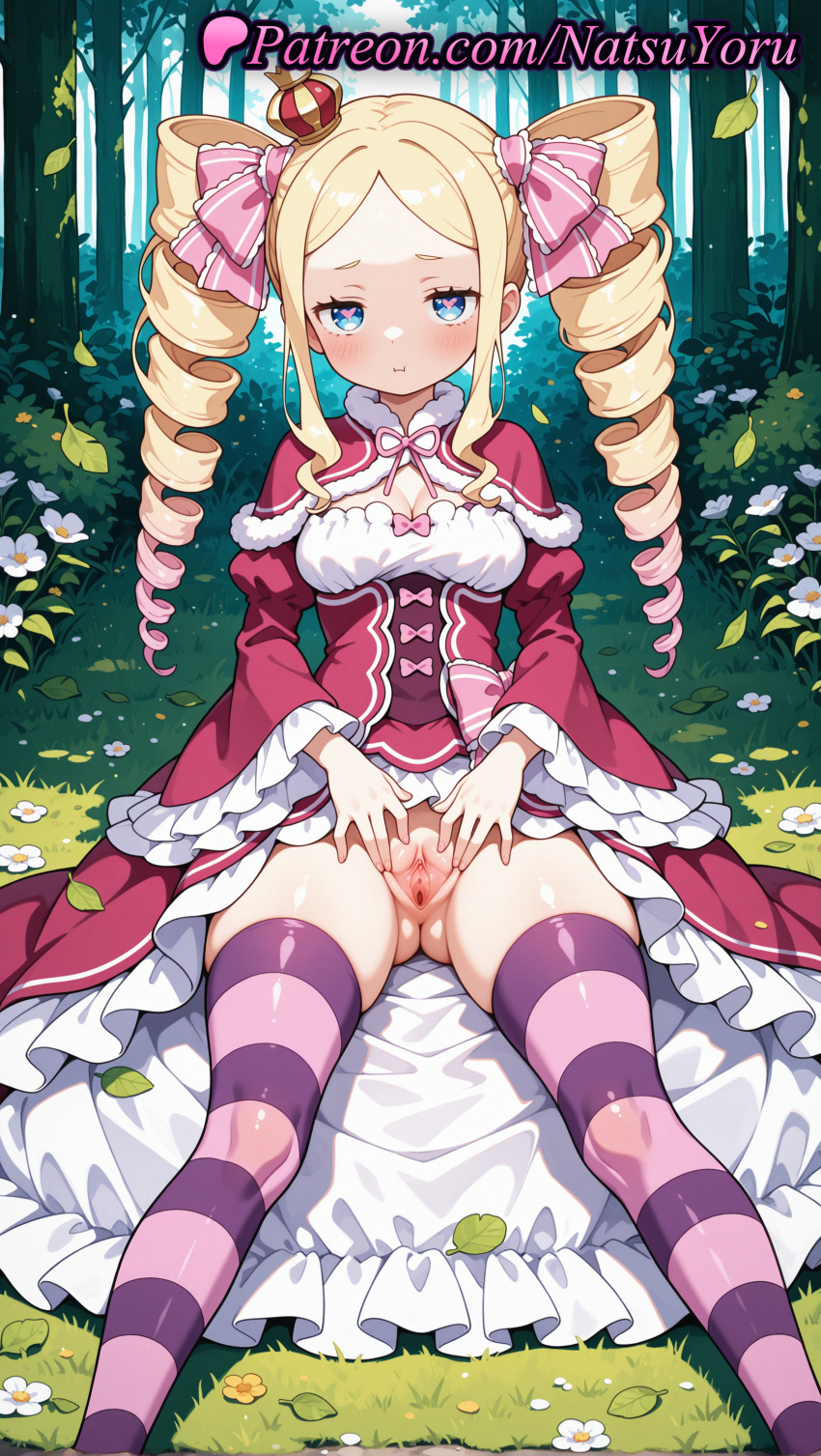 1girl 2025 ai_assisted ai_generated anime anime_style ass_visible_through_thighs beatrice_(re:zero) big_breasts blonde_hair blue_eyes blush bow breasts bust capelet cleavage closed_mouth crown dress drill_hair feet_out_of_frame female_focus female_only flower forest frilled_dress frilled_sleeves frills fur-trimmed_capelet fur_trim gradient_hair grass hair_ribbon heart hentai high_quality high_res high_resolution labia leaf long_hair long_sleeves looking_at_viewer medium_breasts mini_crown multicolored_hair natsuyoru nature no_panties outside parted_bangs patreon pink_bow pink_hair pink_ribbon presenting purple_thighhighs pussy re:zero_kara_hajimeru_isekai_seikatsu red_capelet red_dress ribbon shawl sidelocks sitting small_breasts smile solo_female spread_legs spread_pussy stable_diffusion stockings striped striped_clothes striped_thighhighs symbol-shaped_pupils tree twin_drills twin_tails uncensored voluptuous voluptuous_female white_flower wide_sleeves