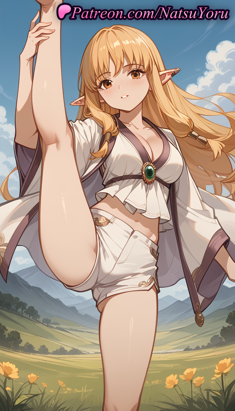 1girl 2025 ai_assisted ai_generated anime anime_style arm_up asian bangs bare_legs barefoot big_breasts blonde_hair blue_sky breasts brooch brown_eyes bust cleavage cloud collarbone crop_top day dolphin_shorts elf elf_ears female_focus female_only female_solo field flower gem grass hair_tubes hentai high_quality high_res high_resolution jacket jewelry kneepits leg_hold leg_lift legs long_hair long_sleeves looking_at_viewer medium_breasts midriff natsuyoru navel one_leg_up open_clothes open_jacket orange_eyes outside parted_lips patreon pointed_ears pointy_ears serie_(sousou_no_frieren) shirt short_shorts shorts sidelocks sky smile solo_female sousou_no_frieren split spread_legs stable_diffusion standing standing_on_one_leg standing_split stomach thighs voluptuous voluptuous_female white_jacket white_shirt white_shorts wide_sleeves