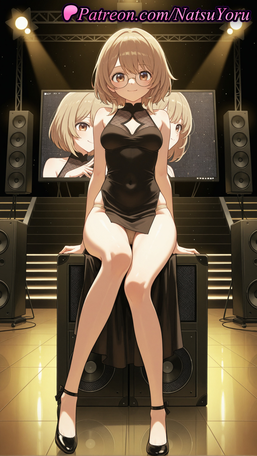 1girl 1girl 1girls ai_generated anime anime_style arm_support asian bangs bare_arms bare_legs bare_shoulders big_breasts black_dress black_footwear blonde_hair breasts brown_eyes brown_hair bust china_dress chinese_clothes cleavage cleavage_cutout clones closed_mouth clothing_cutout covered_navel dress female_focus female_only full_body glasses hentai high_heels high_quality high_res high_res high_resolution indoors kichijouji_yoriko knees_together_feet_apart legs light_brown_hair looking_at_viewer medium_breasts megane monitor natsuyoru oshi_no_ko panties panties patreon pelvic_curtain piano qipao reflection round_eyewear screen shoes short_hair side_slit sitting sleeveless sleeveless_dress smile solo_female speaker spotlight stage stage_lights strappy_heels television thighs tile_floor tiles toe_cleavage underwear voluptuous voluptuous_female white_panties