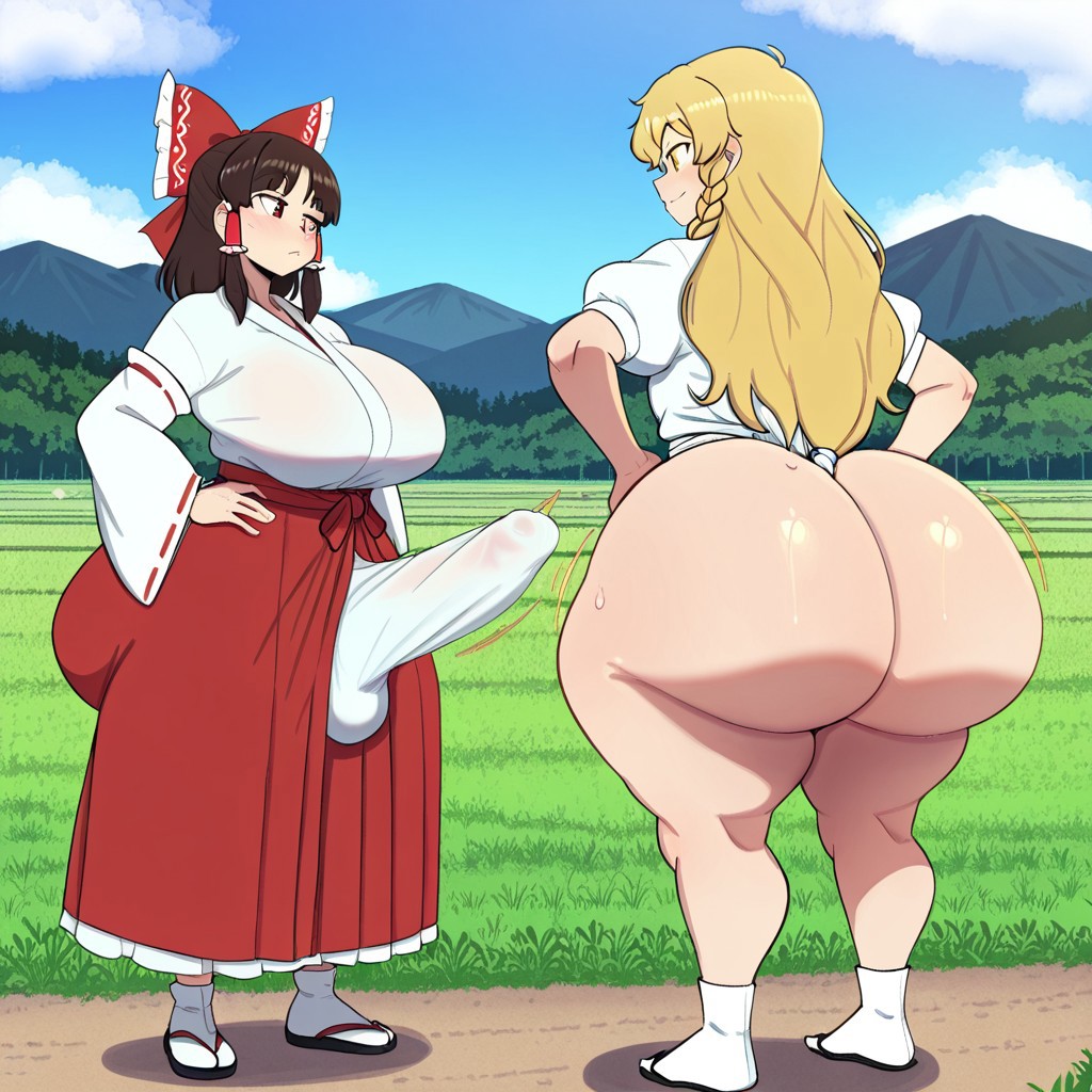 1futa 1girl ai_generated ass ass big_ass big_ass big_breasts breasts erection erection_under_clothes fundoshi fundoshi_futanari fundoshilover101 futanari huge_ass huge_ass huge_breasts marisa_kirisame reimu_hakurei touhou