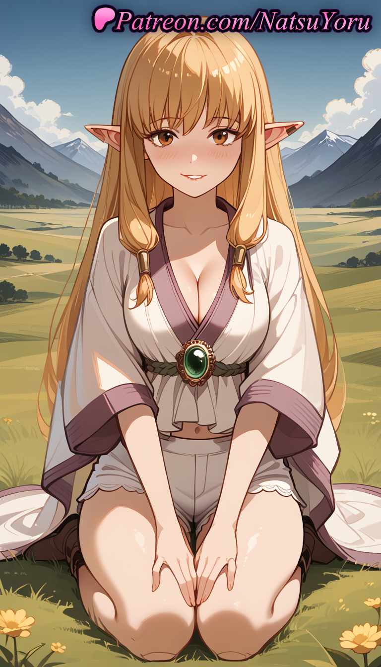 1girl 2025 ai_assisted ai_generated anime anime_style asian bangs big_breasts blonde_hair blue_sky blush boots breasts brooch brown_eyes brown_footwear bust cleavage cloud collarbone day elf elf_ears facing_viewer female_focus female_only female_solo field flower full_body gem grass hair_tubes hentai high_quality high_res high_resolution jewelry long_hair long_sleeves looking_at_viewer midriff midriff_peek mountain mountainous_horizon natsuyoru navel on_knees outside parted_lips patreon pointed_ears pointy_ears seiza serie_(sousou_no_frieren) shirt short_shorts shorts sidelocks sitting sky smile solo_female sousou_no_frieren stable_diffusion thighs very_long_hair voluptuous voluptuous_female wariza white_shirt white_shorts wide_sleeves yellow_flower