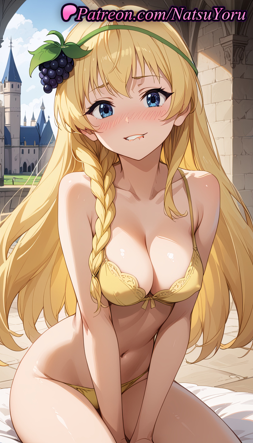 1girl 2025 ai_assisted ai_generated anime anime_style bangs bare_arms bare_shoulders between_legs big_breasts bikini biting biting_lip blonde_hair blue_eyes blush bra braid breasts bust castle cleavage clothing collarbone day female_focus female_only female_solo food food-themed_hair_ornament fruit grapes green_hairband grin hair_ornament hairband hand_between_legs hentai high_quality high_res high_resolution iris_(konosuba) kono_subarashii_sekai_ni_shukufuku_wo! lip_biting long_hair looking_at_viewer medium_breasts natsuyoru navel nose_blush outside panties parted_lips patreon side_braid single_braid sitting smile solo_female stable_diffusion stomach swimsuit teeth thighs underwear underwear_only v_arms voluptuous voluptuous_female yellow_bra yellow_panties