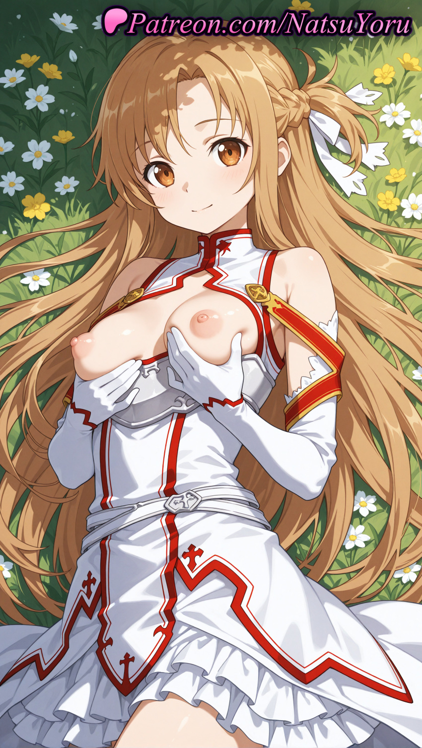 1girl 2025 ai_assisted ai_generated anime anime_style armor asuna_(sao) bangs bare_shoulders belt big_breasts blonde_hair blush braid breastplate breasts breasts_out breasts_outside brown_eyes brown_hair bust closed_mouth clothing detached_sleeves dress elbow_gloves female_focus female_only female_solo flower gloves grabbing_own_breast grass hair_ribbon hentai high_quality high_res high_resolution long_hair looking_at_viewer lying medium_breasts natsuyoru nipples nipples_outside non-asian on_back on_grass outside patreon ribbon sleeveless sleeveless_dress smile solo_female stable_diffusion stockings sword_art_online sword_art_online_alicization uncensored_nipples uniform very_long_hair voluptuous voluptuous_female white_belt white_dress white_flower white_gloves white_legwear white_ribbon white_thighhighs yellow_flower yuuki_asuna