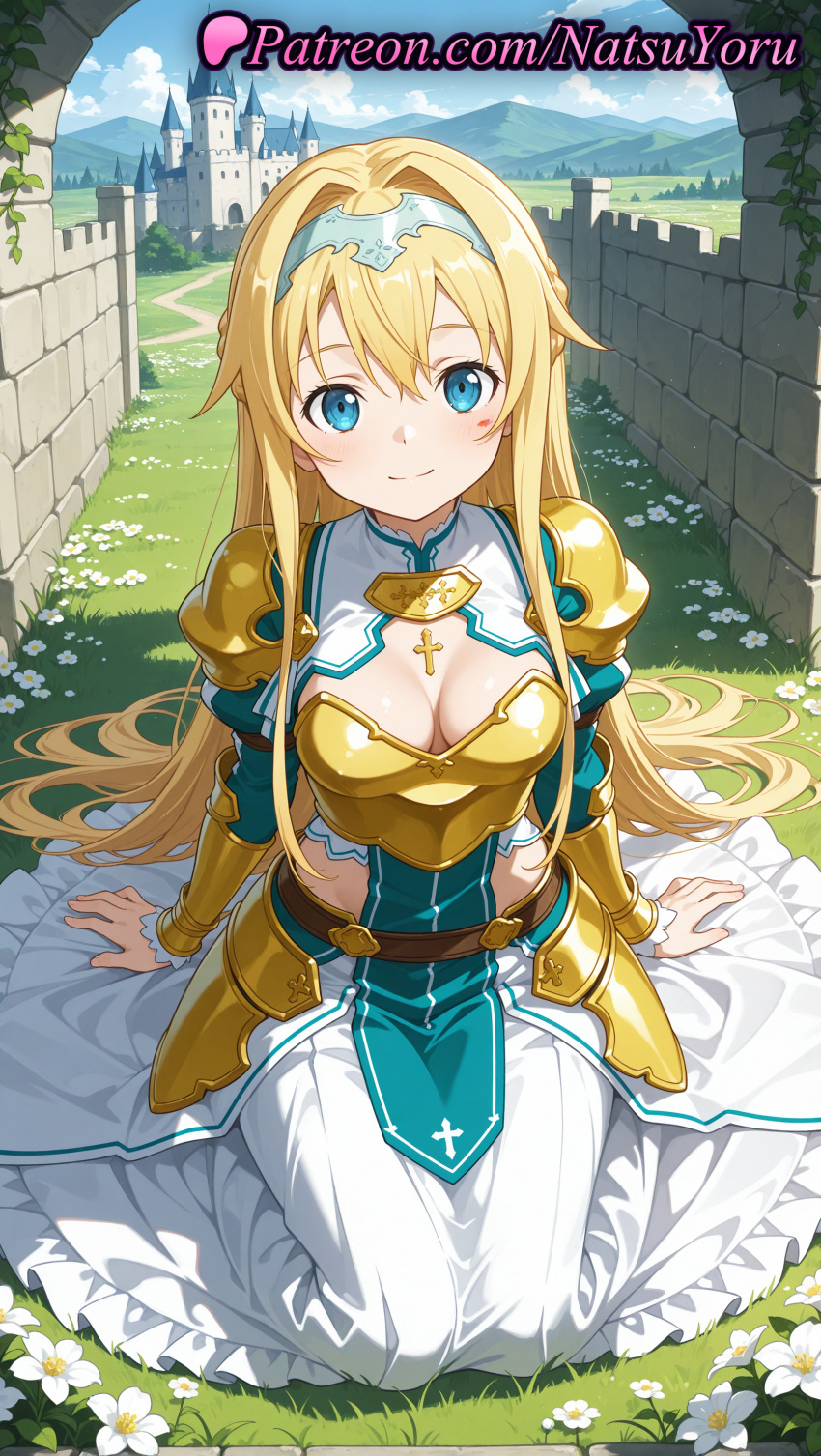 1girl 1girls 2025 ai ai_assisted ai_generated alice_schuberg alice_synthesis_thirty anime anime_style armor armored_dress bangs big_breasts blonde_hair blue_eyes blue_sky blush breastplate breasts bust castle cleavage closed_mouth clothing_cutout cloud cross day dress faulds female_focus female_only flower full_body gold_armor grass hair_between_eyes hair_intakes hairband hentai high_quality high_res high_resolution knight long_hair long_skirt long_sleeves looking_at_viewer medium_breasts natsuyoru outside patreon pauldrons shoulder_armor sitting skirt sky smile solo_female stable_diffusion sword_art_online sword_art_online_alicization very_long_hair voluptuous voluptuous_female white_flower white_hairband white_skirt