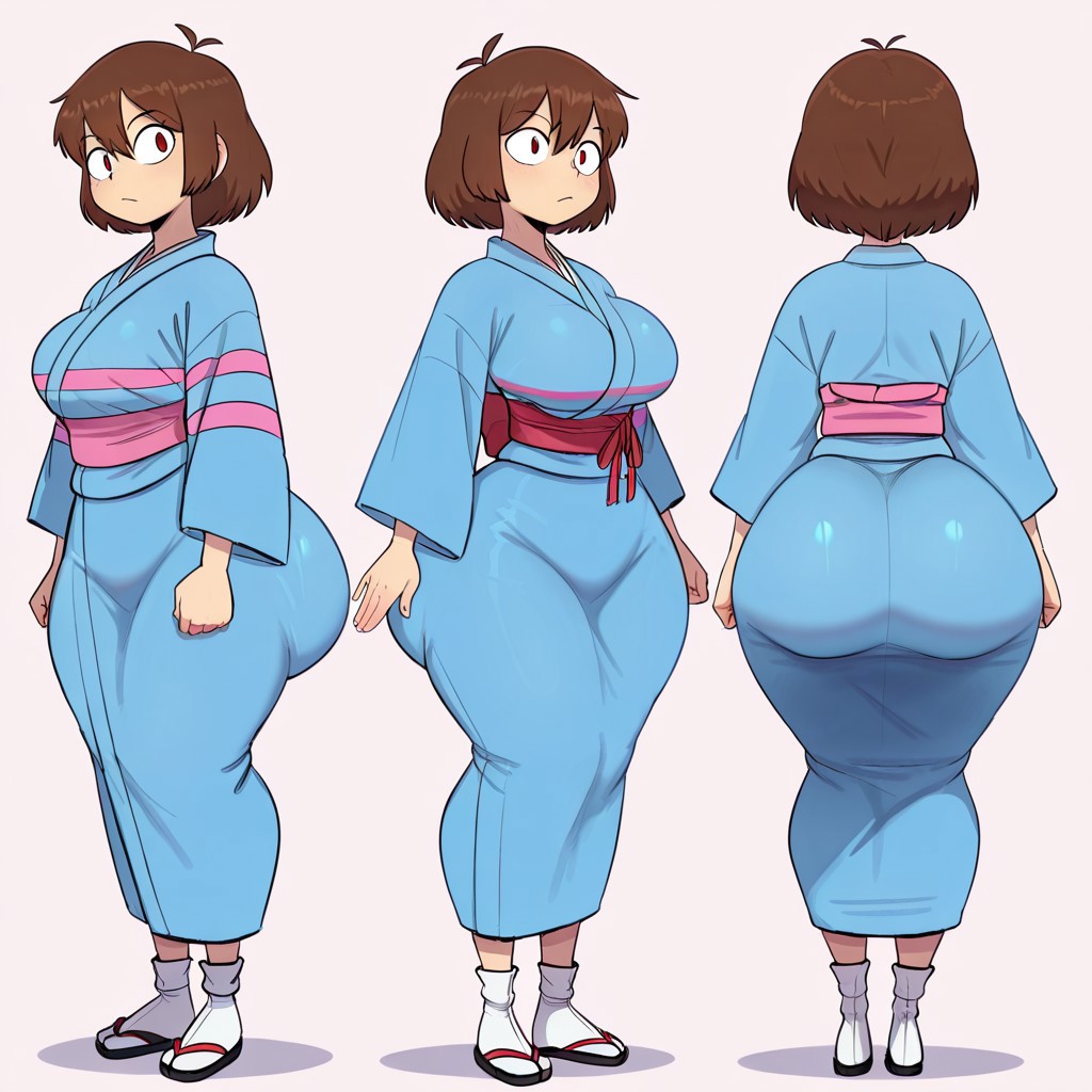 1girl ai_generated ass big_ass big_breasts breasts frisk_(undertale) fundoshilover101 huge_ass kimono tabi_socks undertale