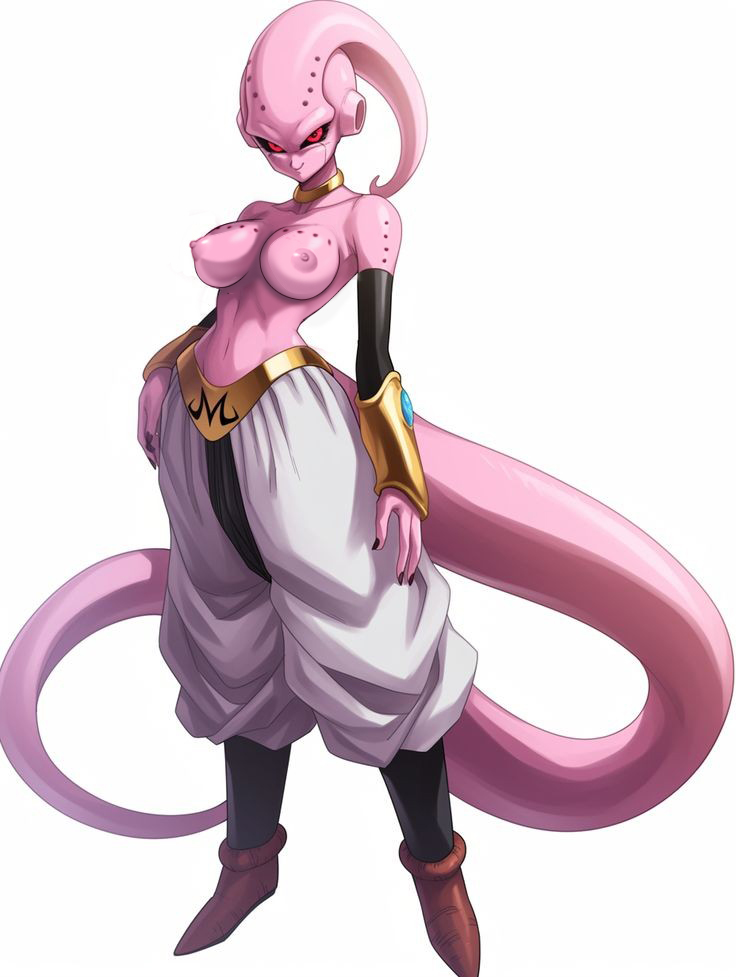 baggy_pants big_breasts black_sclera dragon_ball_z genderswap holes_on_body looking_at_viewer majin_buu nekom14 nipples red_eyes topless