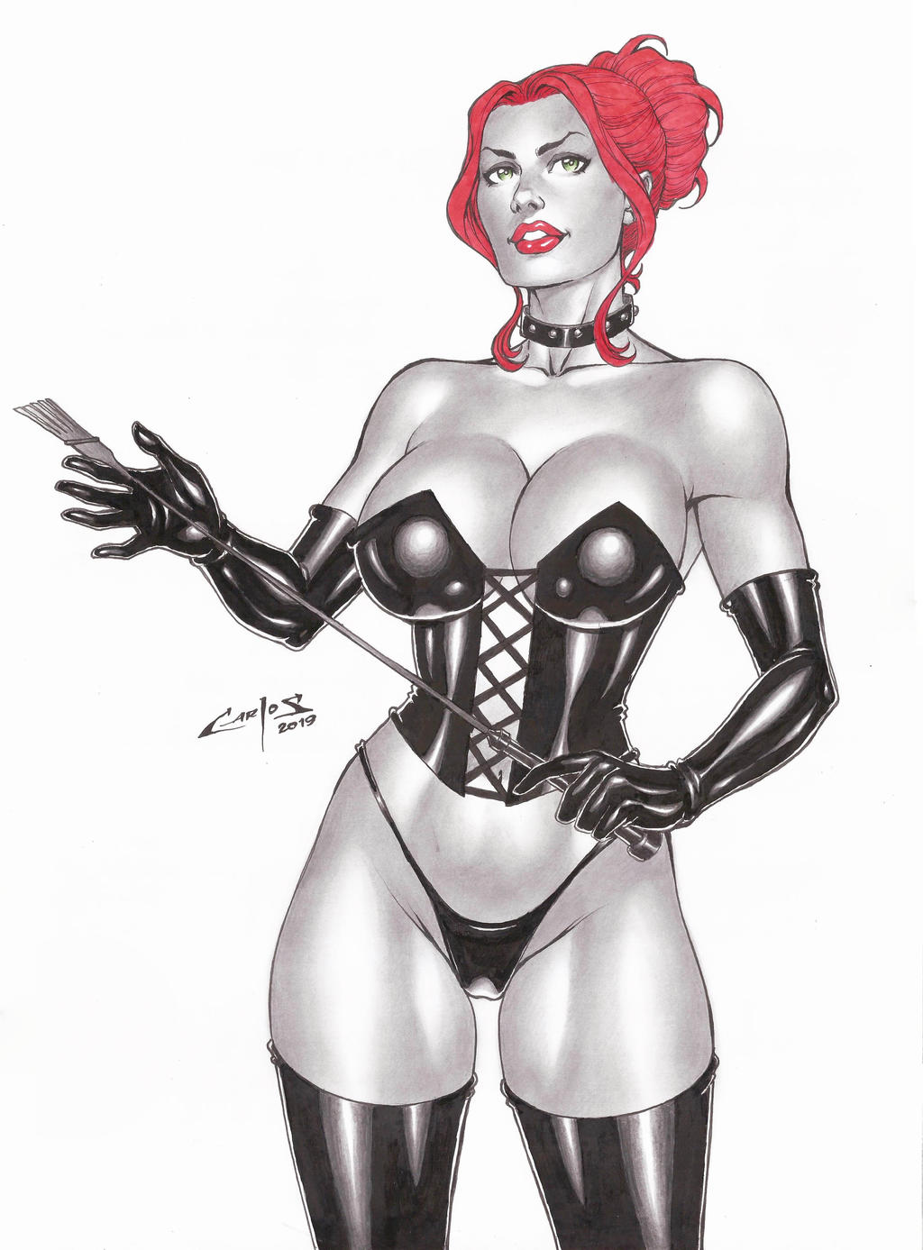 1girl bangs bare_shoulders big_breasts black_choker black_collar black_corset black_gloves black_legwear black_panties black_queen black_thighhighs black_underwear breasts carlos_braga choker cleavage collar collarbone corset dark_persona dominatrix elbow_gloves female_only female_solo gloves green_eyes grin hair_bun holding holding_object holding_riding_crop jean_grey jewelry legwear lips lipstick looking_at_viewer makeup marvel marvel_comics midriff naughty_face navel neck panties parted_bangs parted_lips red_hair red_lipstick revealing_clothes riding_crop short_hair sidelocks simple_background smile spiked_collar spikes standing stockings strapless tied_hair underwear white_background x-men x-men:_the_animated_series