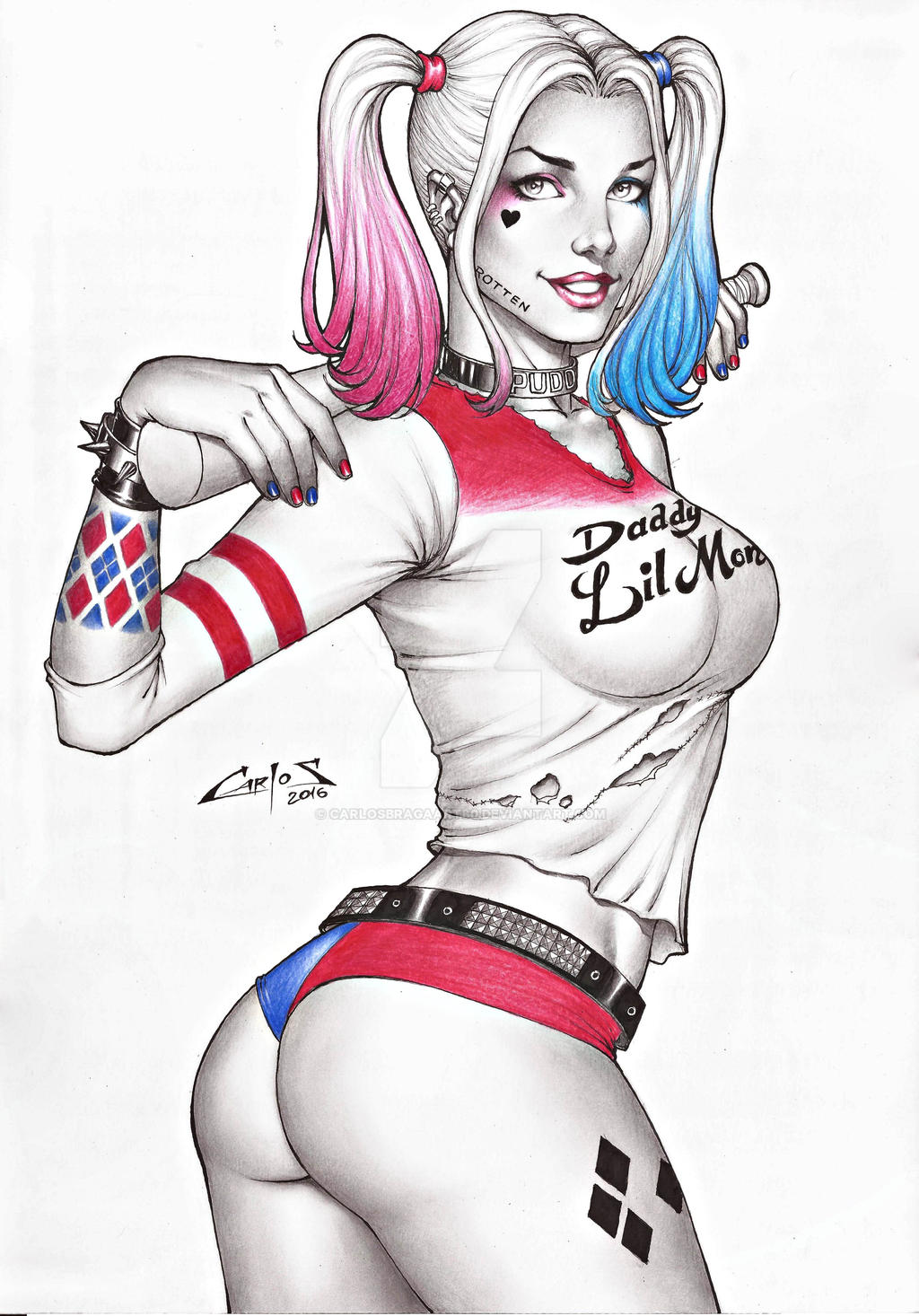 1girl ass asymmetrical_eyeshadow asymmetrical_panties bangs bat_(object) batman_(series) big_ass blue_eyeshadow bracelet breasts carlos_braga choker clown_girl dc_comics dcau eyeshadow female_only female_solo gradient gradient_hair grey_eyes grin harleen_quinzel harley_quinn holding holding_bat holding_weapon jewelry legs legs_together light_blue_hair lips lipstick long_hair looking_at_viewer makeup medium_breasts multicolored_hair multicolored_panties multicolored_underwear naughty_face neck panties parted_bangs parted_lips pink_eyeshadow pink_hair red_lipstick simple_background smile spiked_bracelet spikes standing suicide_squad supervillainess thighs three-tone_hair tied_hair twin_tails two-tone_panties underwear villainess weapon white_background white_hair