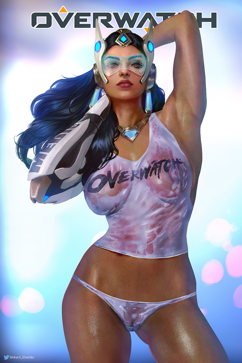 1girl arm_behind_head arm_up armpits bangs bare_legs big_breasts black_hair blizzard_entertainment breasts brown_eyes copyright_name dark-skinned_female dark_skin earrings expressionless eyeshadow female_only female_solo hair_ornament half-closed_eyes headgear jewelry legs lips lipstick long_hair looking_at_viewer makeup mechanical mechanical_arm medium_breasts midriff neck necklace nipples overwatch panties parted_bangs parted_lips pose posing pussy red_lipstick sci-fi see-through see-through_clothes see-through_panties serious shikarii standing straight_hair symmetra symmetra_(overwatch) tank_top thick_thighs thighs underwear wet wet_clothes wet_panties