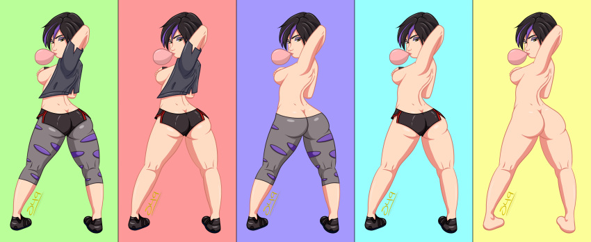 1girl ass ass_crack athletic bare_calves big_hero_6 black_hair breasts brown_eyes bubble_ass bubble_butt bubble_gum butt_crack calves capri_pants clothed clothing cropped_jacket curvaceous curvy dat_ass disney eyelashes eyeliner eyeshadow female female_focus female_only fingerless_gloves fit fit_female full_body gogo_tomago jacket looking_at_viewer looking_back makeup marvel marvel_comics medium_breasts nude pose posing purple_hair rear_view short_hair short_shorts sideboob skin_tight sleeves_rolled_up sneakers solo standing stephen49 thick_thighs topless two_tone_hair undressed undressing variant voluptuous yoga_pants