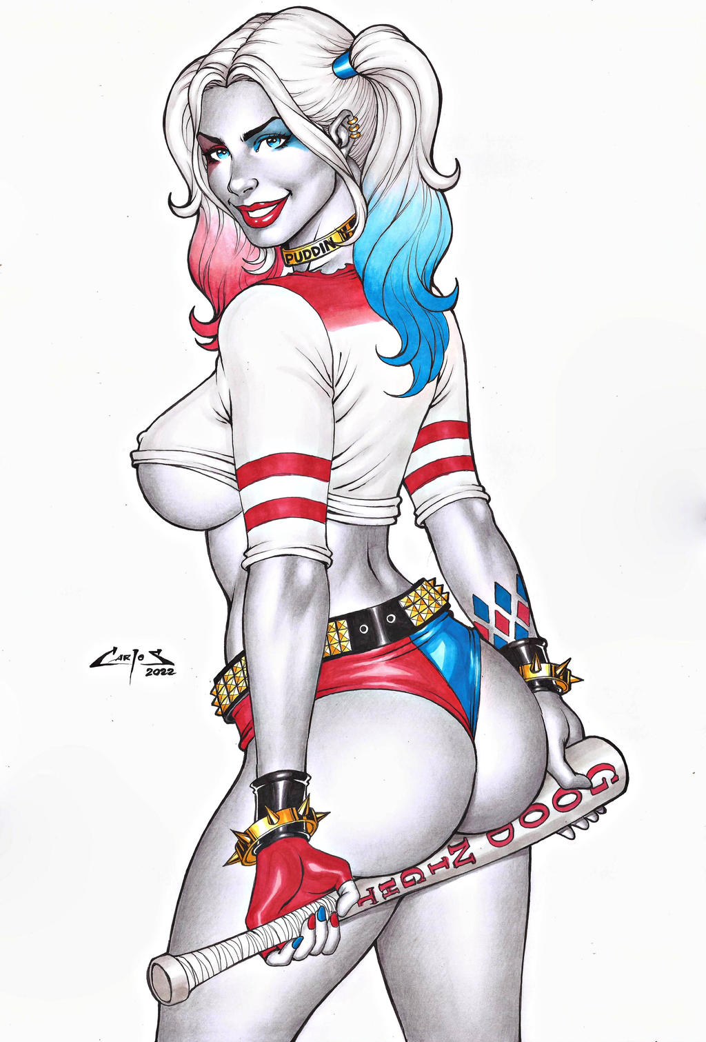 1girl ass asymmetrical_eyeshadow asymmetrical_panties bangs bare_legs bat_(object) batman_(series) big_ass big_breasts blue_eyes blue_eyeshadow bracelet breasts carlos_braga choker clown_girl dc_comics dcau ear_piercing erect_nipples eyeshadow female_only female_solo from_behind gold_choker gradient gradient_hair grin harleen_quinzel harley_quinn holding holding_bat holding_weapon jewelry legs light_blue_hair lips lipstick long_hair looking_at_viewer looking_back makeup midriff multicolored_hair multicolored_panties multicolored_underwear naughty_face neck panties parted_bangs parted_lips piercing pink_eyeshadow red_hair red_lipstick sideboob simple_background smile spiked_bracelet spikes standing suicide_squad supervillainess thick_thighs thighs three-tone_hair tied_hair twin_tails two-tone_panties under_boob underwear villainess weapon white_background white_hair yellow_choker