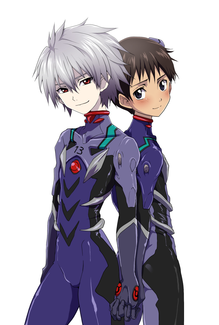 2boys arm_at_side ass back-to-back back_to_back black_hair blue_eyes blush bodysuit closed_mouth couple duo eyes_visible_through_hair grey_hair hair_between_eyes half-closed_eyes happy head_tilt holding_hands interlocked_fingers kaworu_nagisa looking_at_viewer looking_back love male/male male_only multiple_boys neon_genesis_evangelion plugsuit purple_bodysuit red_eyes romantic romantic_couple shinji_ikari short_hair simple_background skin_tight smile standing teenage_boy usagigenki white_background yaoi