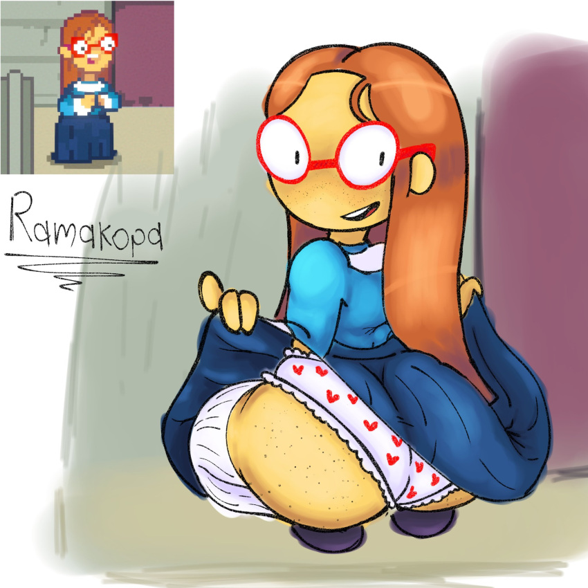 2d artist_name ass ass_focus big_ass big_ass butt_focus clothed clothing digital_art digital_drawing_(artwork) digital_media_(artwork) dress flashing freckles freckles_on_ass freckles_on_face glasses kindergarten_(game) kindergarten_3 looking_back ms._lovelett panties ramakopa_(artist) showing_ass signature