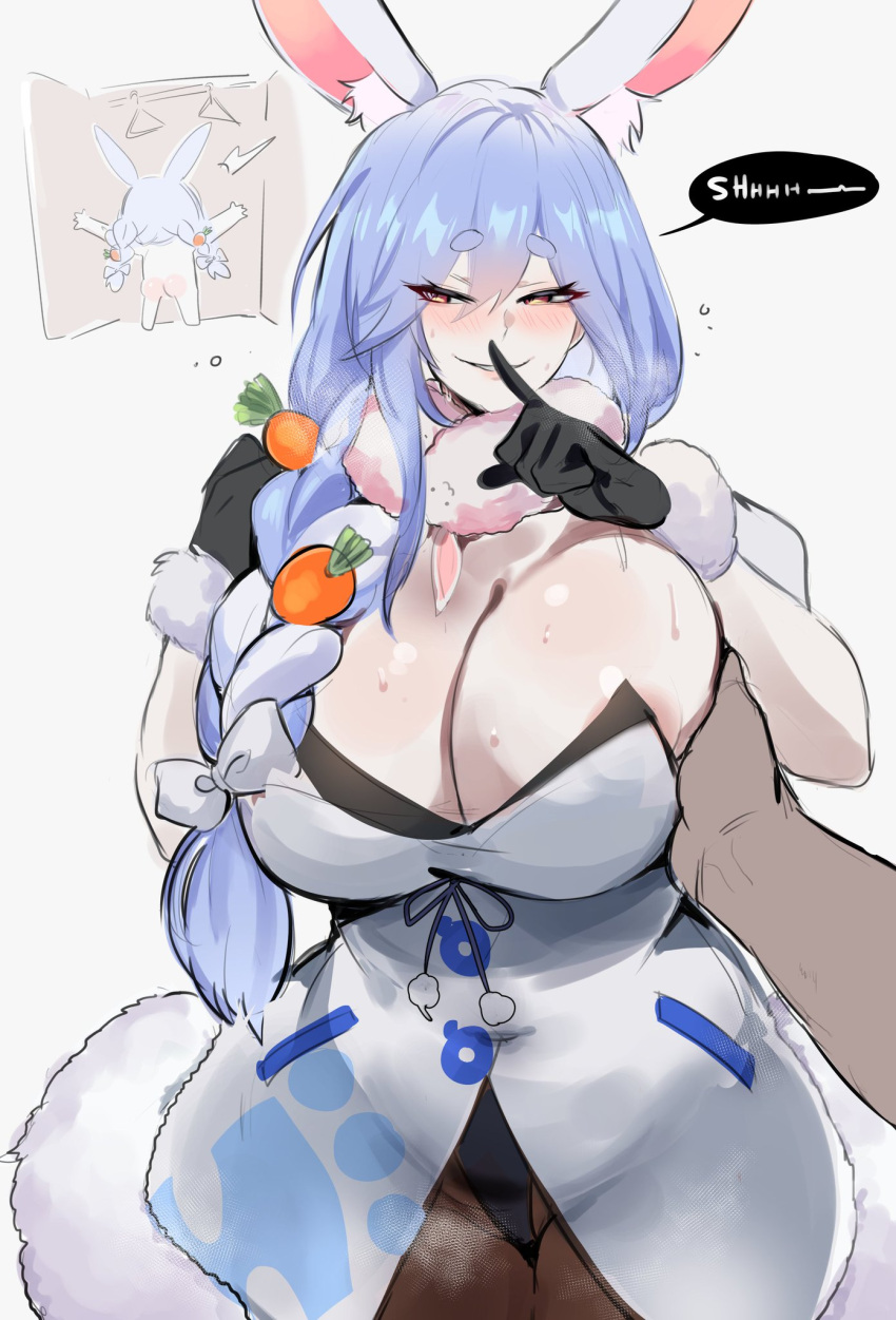 1boy 1girl big_breasts blue_hair blush braid braided_hair breast_grab breasts bunny_ears bunny_girl carrot_hair_ornament child_bearing_hips cleavage clothed female_focus female_only fondling grabbing_breasts hand_gesture hips hololive hololive_japan huge_breasts kurenaiz1 light-skinned_female light_blue_hair light_skin long_braid long_hair massive_breasts milf mostly_clothed orange_eyes pale-skinned_female pale_skin pekomama pov rabbit_ears rabbit_girl scarf shushing virtual_youtuber vtuber wide_hips