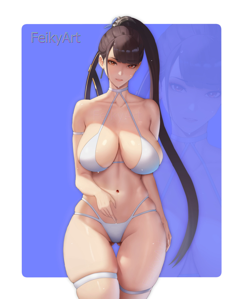 1girl 1girl alluring artist_name big_breasts bikini brown_hair eve_(stellar_blade) feikyart hazel_eyes long_hair stellar_blade voluptuous
