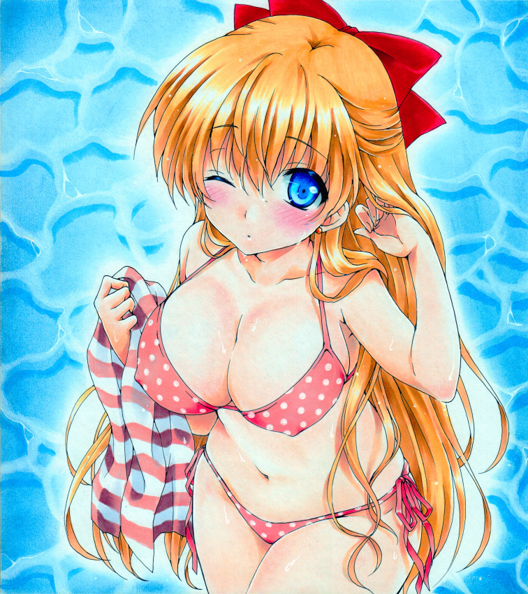 1girl 1girl :o adult_swim alluring big_breasts bikini bishoujo_senshi_sailor_moon bishoujo_senshi_sailor_moon_r bishoujo_senshi_sailor_moon_r_the_movie bishoujo_senshi_sailor_moon_s bishoujo_senshi_sailor_moon_supers bishoujo_senshi_sailor_moon_supers_the_movie blonde_hair blue_eyes blush bow cleavage covered_erect_nipples female_focus from_above long_hair marker_(medium) millipen_(medium) minako_aino navel one_eye_closed pastel_(medium) pen_(medium) pink_bikini polka_dot polka_dot_bikini polka_dot_swimsuit red_bow ren_(endscape20) side-tie_bikini_bottom swimsuit toei_animation toonami traditional_media water wet