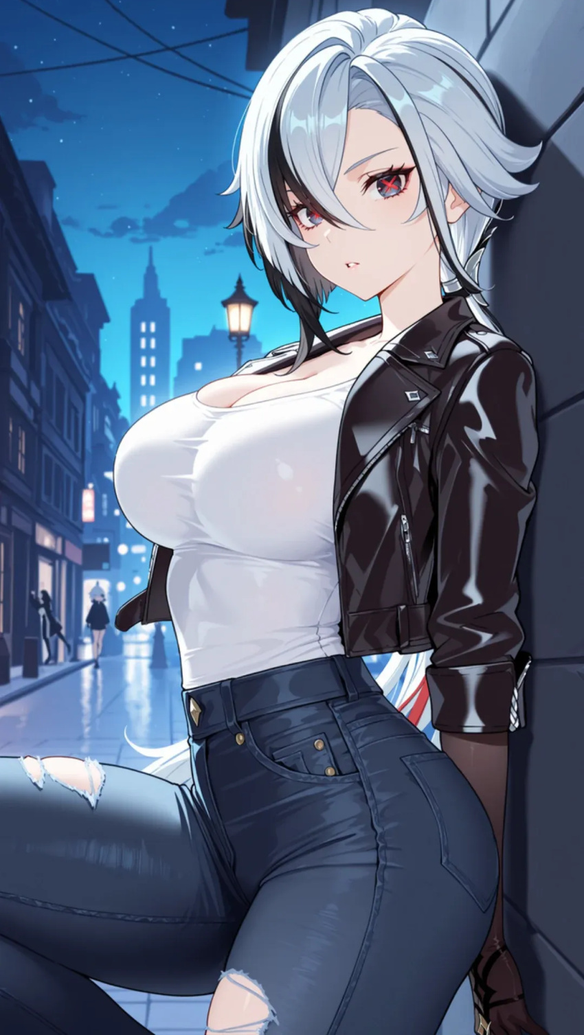 1girl ai_generated arlecchino_(genshin_impact) ass big_ass big_breasts breasts genshin_impact jeans light-skinned light-skinned_female looking_at_viewer mihoyo multicolored_hair outside outside