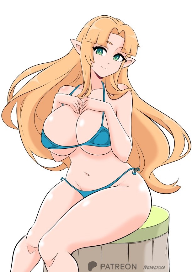 1girl alluring big_breasts big_breasts big_thighs bikini curvaceous curvaceous_female curvaceous_figure curvy curvy_figure curvy_hips elf_ears elf_female elf_girl female_focus female_only looking_at_viewer momocka_art nintendo princess_zelda short_hair the_legend_of_zelda the_legend_of_zelda:_a_link_between_worlds yellow_hair
