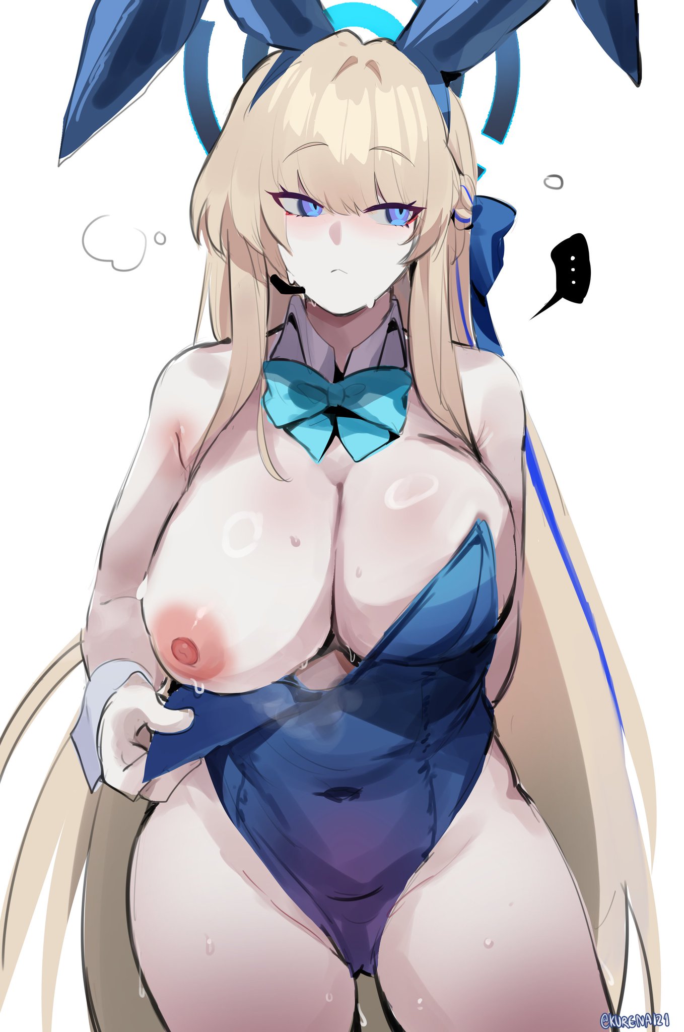 ... 1girl alternate_breast_size big_breasts blonde_hair blue_archive blue_eyes breasts bunny_ears bunny_girl bunnysuit detached_collar exposed_breasts fake_animal_ears kurenaiz1 leotard light-skinned_female light_skin long_hair one_breast_out toki_(blue_archive) white_background wrist_cuffs