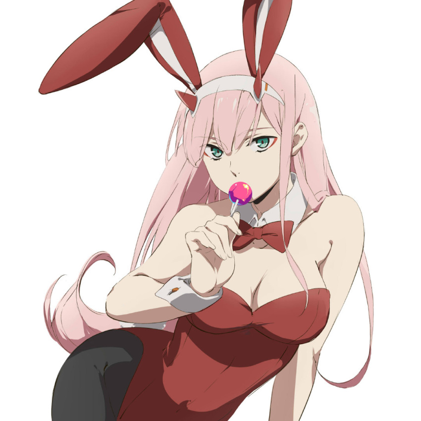 1girl alternate_costume animal_ears aqua_eyes arm_at_side bare_arms bare_shoulders big_breasts black_legwear black_pantyhose bow bowtie breasts bunny_ears bunny_tail candy cleavage covered_navel darling_in_the_franxx detached_collar eyebrows_visible_through_hair eyes_visible_through_hair fake_animal_ears female_only female_solo hair_between_eyes hand_up holding holding_candy holding_lollipop horns legwear leotard lollipop long_hair looking_at_viewer medium_breasts mouth_hold pantyhose pink_hair playboy_bunny playboy_bunny_leotard red_bow red_bowtie red_bunny_ears red_horns red_leotard sidelocks simple_background straight_hair strapless strapless_leotard tail very_long_hair white_background wrist_cuffs yamamoto_midori yamamoto_midori_(artist) zero_two_(darling_in_the_franxx)
