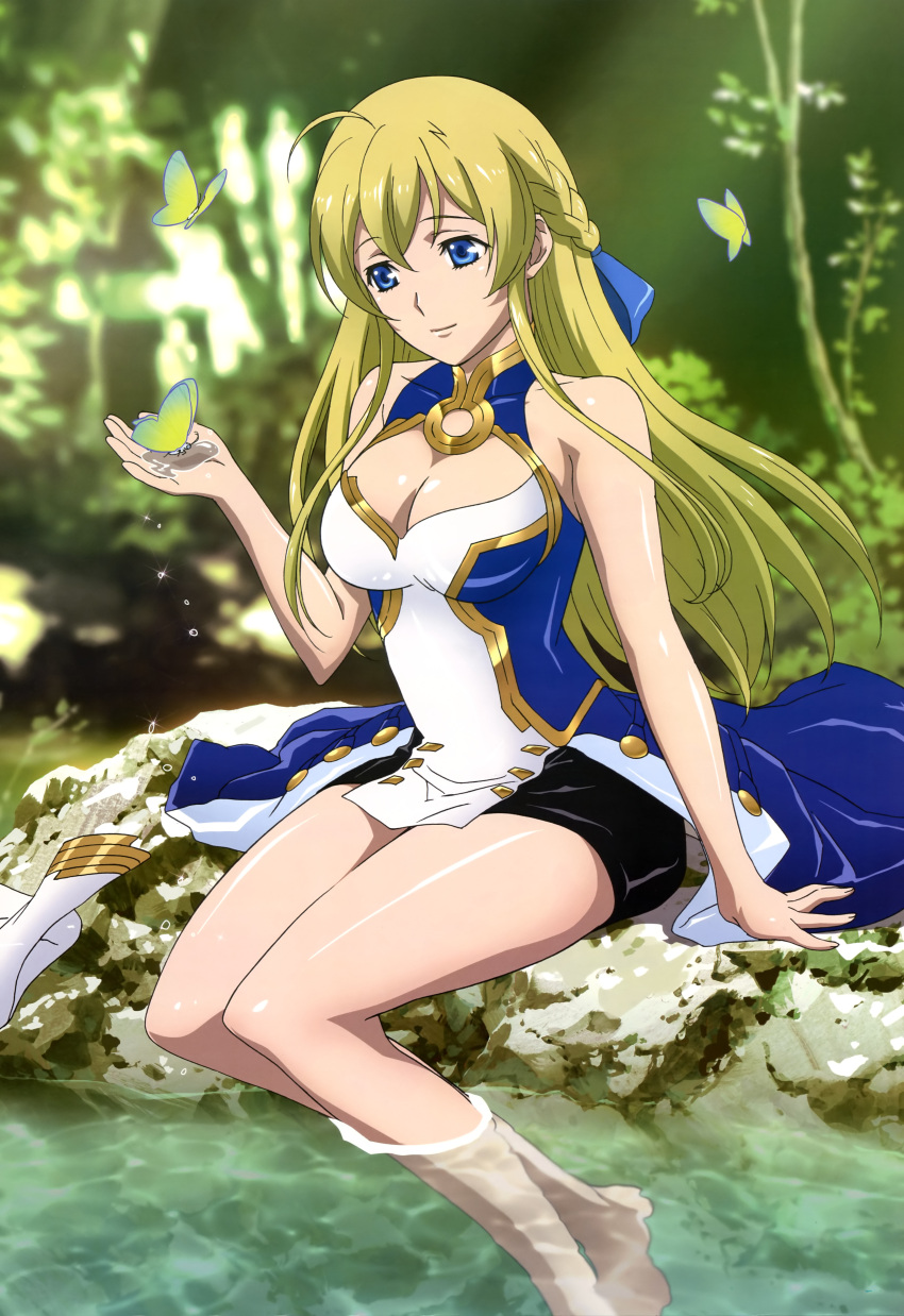 1girl arm_at_side arm_support bare_arms bare_legs bare_shoulders barefoot big_breasts black_skirt blonde_female blonde_hair blue_dress blue_eyes blue_ribbon braid breasts bug butterfly cleavage cleavage_cutout closed_mouth clothing_cutout day dress eyebrows_visible_through_hair feet feet_in_water female_only female_solo forest hair_between_eyes hair_ribbon half_updo hand_up head_down insect itou_katsunobu itou_katsunobu_(artist) jeanne_kaguya_d'arc legs long_dress long_hair looking_at_another looking_down miniskirt multicolored_clothes multicolored_dress nature neck nobunaga_the_fool outside pencil_skirt pond ribbon rock sidelocks sitting skirt sleeveless sleeveless_dress smile straight_hair tied_hair two-tone_dress water white_dress