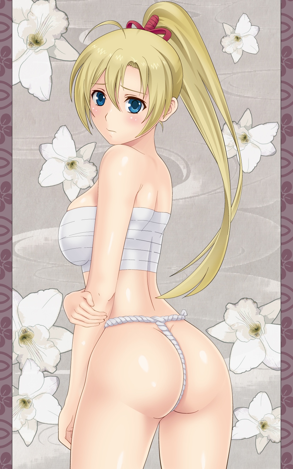 1girl arm_at_side ass asymmetrical_bangs back bangs bare_arms bare_back bare_legs bare_shoulders big_ass big_breasts blonde_female blonde_hair blue_eyes blush breasts closed_mouth embarrassed eyebrows_visible_through_hair female_only female_solo floral_background flower from_behind fundoshi grabbing grabbing_own_arm grey_background hair_between_eyes high_ponytail jeanne_kaguya_d'arc legs long_hair looking_at_viewer looking_back midriff neck nobunaga_the_fool pasya-pasya ponytail sarashi shiny shiny_skin shy sideboob standing strapless thighs tied_hair very_long_hair white_flower