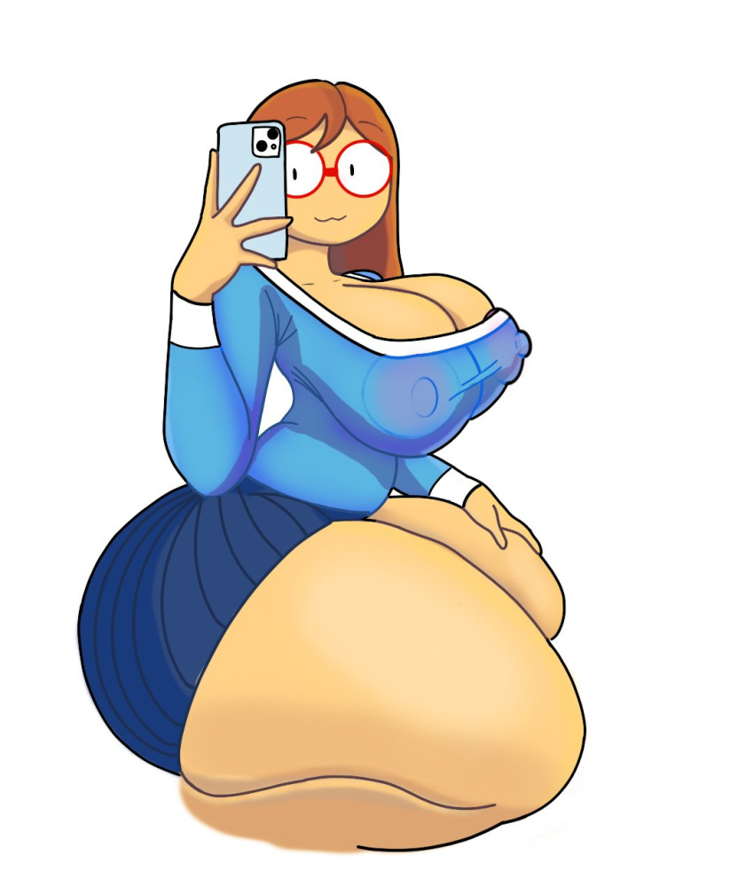 1girl artist_request big_breasts breasts caption huge_breasts kindergarten_(game) kindergarten_3 ms._lovelett nipples_visible_through_clothing selfpic snapchat text white_background