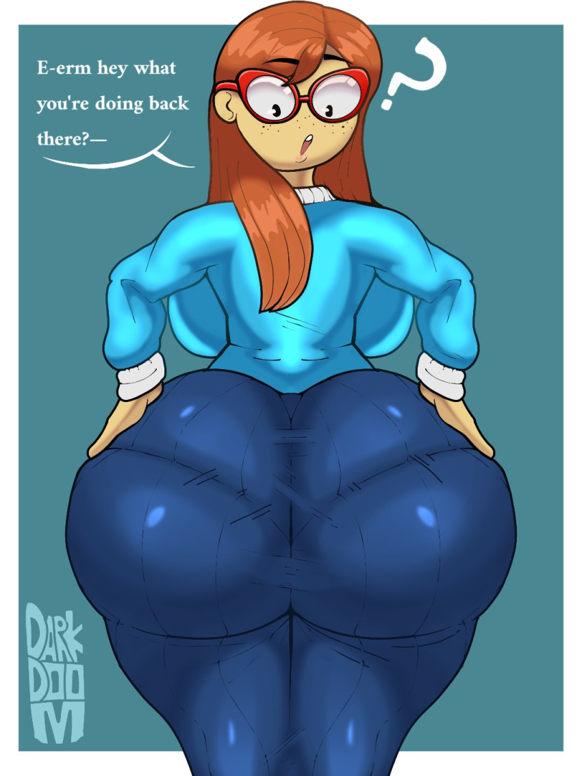 1girl ass big_ass big_breasts breasts darkdoom huge_ass huge_breasts kindergarten_(game) kindergarten_3 ms._lovelett pantylines text tight_clothing wide_hips