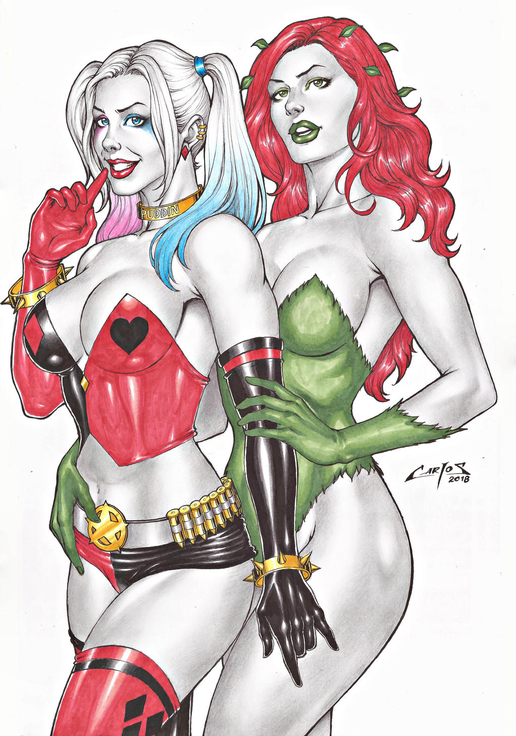 2_girls alternate_costume arm_at_side asymmetrical_eyeshadow asymmetrical_gloves asymmetrical_legwear asymmetrical_stockings asymmetrical_thighhighs bangs bare_legs bare_shoulders batman_(series) belt big_breasts black_gloves black_legwear black_thighhighs blue_eyes blue_eyeshadow bracelet breasts carlos_braga choker cleavage clenched_teeth clown_girl collarbone corset couple crossed_legs crossed_legs_(standing) dc_comics dcau duo ear_piercing earrings elbow_gloves eyeshadow female/female female_only gloves gold_choker gradient gradient_hair green_eyes green_eyeshadow green_gloves green_leotard green_lipstick grey_belt grin hand_up harleen_quinzel harley_quinn head_tilt highleg highleg_leotard hug_from_behind hugging hugging_from_behind index_finger_raised jewelry legs legwear leotard light_blue_hair lips lipstick long_hair looking_at_viewer love lower_teeth makeup midriff mound_of_venus multicolored_clothes multicolored_corset multicolored_hair multicolored_panties multicolored_underwear multiple_girls mutual_yuri naughty_face navel neck open_mouth pamela_isley panties parted_bangs parted_lips piercing pink_eyeshadow pink_hair plant_girl poison_ivy red_earrings red_gloves red_hair red_legwear red_lipstick red_thighhighs revealing_clothes romantic romantic_couple round_teeth serious shushing simple_background spiked_bracelet spikes standing stockings strapless strapless_leotard supervillainess teeth thighs three-tone_hair tied_hair twin_tails two-tone_corset two-tone_panties underwear upper_teeth villainess white_background white_hair yellow_choker yuri