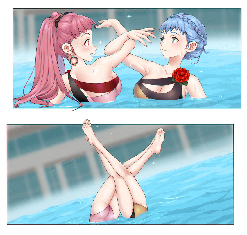 2_panel_comic 2girls alluring arms_up ass ass_peek beautiful beautiful_legs beautiful_thighs bewitching_thighs big_breasts blue_hair blurry_background cleavage cleavage_cutout column earrings feet fire_emblem fire_emblem:_three_houses fire_emblem_warriors:_three_hopes gold_bikini grey_eyes grin hair_bun hilda_valentine_goneril indoor_pool intelligent_systems legs legs_intertwined legs_together legs_up locked_arms looking_at_another marianne_von_edmund multiple_views nintendo one-piece_bikini partially_submerged perfect_legs performance performing pillar pink_eyes pink_hair pink_swimsuit posing redkite rose_(flower) skindentation smile swimming swimming_pool swimsuit synchronized_swimming thighs twin_tails