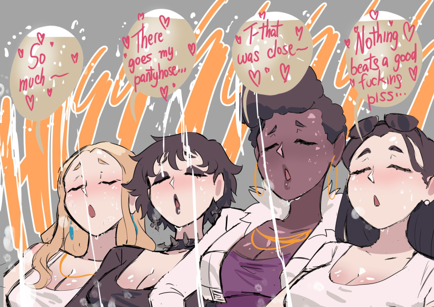 4girls aaliyah_(biku) barbara_(biku) big_breasts biku black_hair black_shirt blonde_hair blue_earrings blush breasts cleavage closed_eyes collar cross_earrings deborah_(biku) dress earrings elena_(biku) english_text eyewear eyewear_on_head hoop_earrings jacket long_hair necklace onomatopoeia open_clothes open_jacket open_mouth original peeing peeing_together purple_dress relief relieved shirt short_hair short_jacket speech_bubble spiked_collar sunglasses sunglasses_on_head sweat tank_top text text_bubble white_earrings white_jacket white_shirt white_tank_top