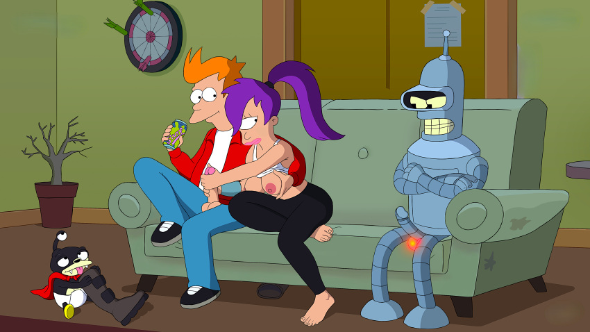 bender_bending_rodriguez big_breasts erect_nipples erect_penis futurama handjob leggings nibbler philip_j._fry thighs turanga_leela