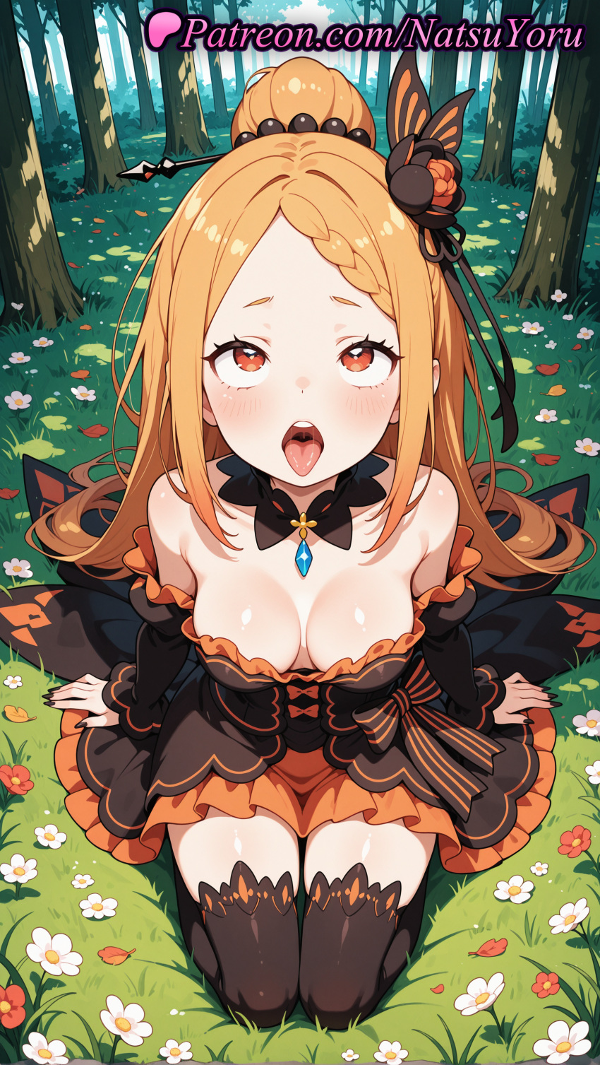 1girl 2025 ahegao ai_assisted ai_generated anime anime_style bangs bare_shoulders big_breasts black_dress black_legwear black_nails black_thighhighs blonde_hair blush braid braided_bangs breasts bust cleavage clothing day detached_collar detached_sleeves downblouse dress female_focus female_only female_solo flower flowers forest frilled_dress frills from_above grass hair_bun hair_ornament heart heart-shaped_pupils hentai high_quality high_res high_resolution long_hair long_sleeves looking_at_viewer looking_up medium_breasts nail_polish natsuyoru nature open_mouth oral_invitation orange_eyes orange_hair outside patreon plant ponytail priscilla_barielle re:zero_kara_hajimeru_isekai_seikatsu red_eyes seiza shiny shiny_skin single_hair_bun sitting solo_female stable_diffusion stockings strapless strapless_dress symbol-shaped_pupils teeth tied_hair tongue tongue_out tree uvula voluptuous voluptuous_female zettai_ryouiki