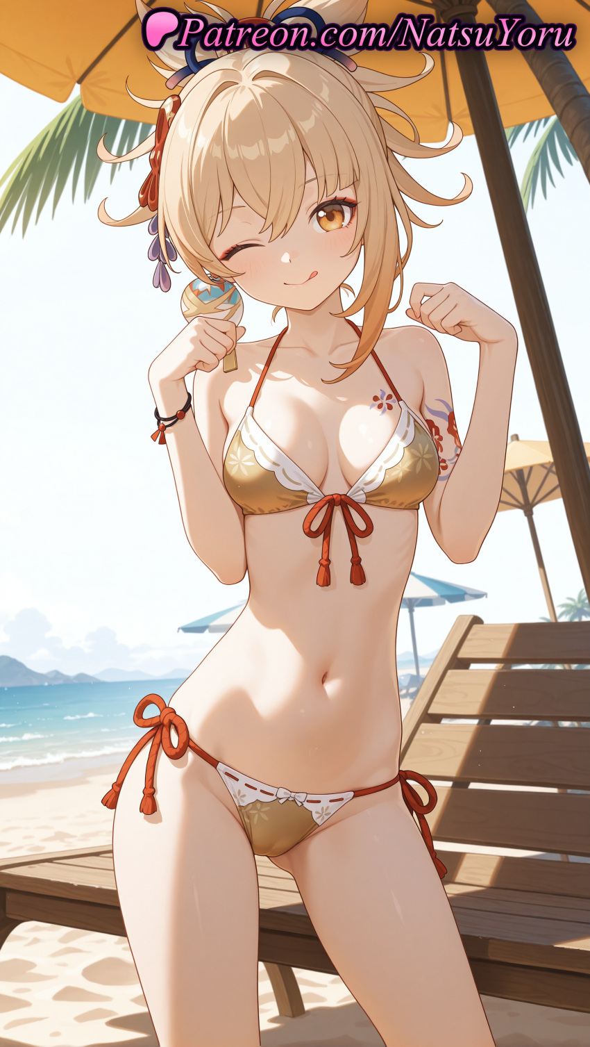 1girl 2025 ai_generated alternate_costume anime anime_style arm_tattoo asian ass_visible_through_thighs bangs bare_shoulders beach beach_chair beach_umbrella big_breasts bikini blonde_hair blue_sky blush bracelet breasts bust cameltoe chair chest_tattoo cleavage closed_mouth collarbone contrapposto cowboy_shot day female_focus female_only female_solo flower_tattoo food front-tie_bikini_top front-tie_top genshin_impact hair_between_eyes hair_ornament halterneck hands_up hentai high_quality high_res high_resolution holding holding_food holding_ice_cream ice_cream ice_cream_cone jewelry lipstick looking_at_viewer medium_breasts midriff natsuyoru navel ocean one_eye_closed orange_bikini orange_eyes outside palm_tree patreon ponytail sand side-tie_bikini side-tie_bikini_bottom sky slender smile solo_female stable_diffusion standing stomach string_bikini swimsuit tattoo thighs tongue tongue_out umbrella voluptuous voluptuous_female yellow_bikini yellow_eyes yoimiya_(genshin_impact)