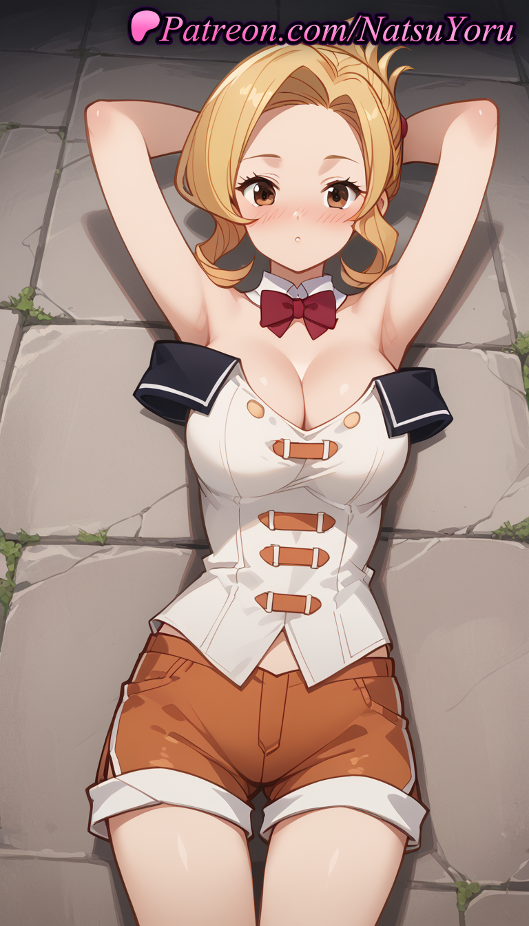 1girl 2025 ai_generated anime anime_style armpit armpits arms_behind_head arms_up bangs bare_shoulders big_breasts blonde_hair blush bow bowtie breasts brown_eyes brown_shorts bust cleavage closed_mouth collar cowboy_shot detached_collar female_focus female_only female_solo folded_ponytail forehead hentai high_quality high_res high_resolution kono_subarashii_sekai_ni_shukufuku_wo! looking_at_viewer luna_(konosuba) lying natsuyoru nose_blush on_back orange_shorts parted_lips patreon red_bow red_bowtie ribbon shirt short_hair short_shorts shorts solo_female stable_diffusion strapless strapless_shirt thigh_gap thighs voluptuous voluptuous_female white_shirt