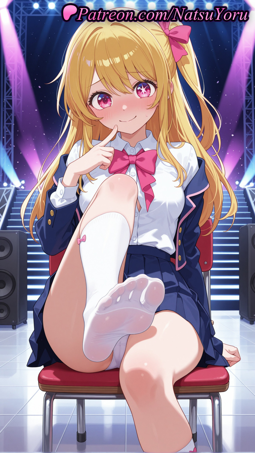 1girl ai_generated anime anime_style arm_support asian bangs big_breasts blazer blonde_hair blouse blue_jacket blue_skirt blush bow bowtie breasts bust chair closed_mouth collared_shirt dress_shirt feet female_focus finger_to_mouth foot_fetish foot_focus foot_out_of_frame foot_up foreshortening hair_between_eyes hair_bow hair_ribbon hand_up hentai high_quality high_res high_resolution hoshino_ruby indoors jacket knee_up kneehighs kneesocks leg_lift legs long_hair long_sleeves looking_at_viewer medium_breasts microphone miniskirt mismatched_pupils natsuyoru no_shoes off_shoulder one_side_up open_clothes open_jacket oshi_no_ko panties pantyshot patreon pink_bow pink_bowtie pink_eyes pink_ribbon pleated_skirt pov_feet presenting_foot ribbon school_uniform shirt sidelocks sitting skirt smile socks soles solo_focus speaker spotlight stage_lights star-shaped_pupils star_(symbol) star_in_eye symbol-shaped_pupils symbol_in_eye thighs toes underwear voluptuous voluptuous_female white_panties white_shirt white_socks youtou_high_school_uniform