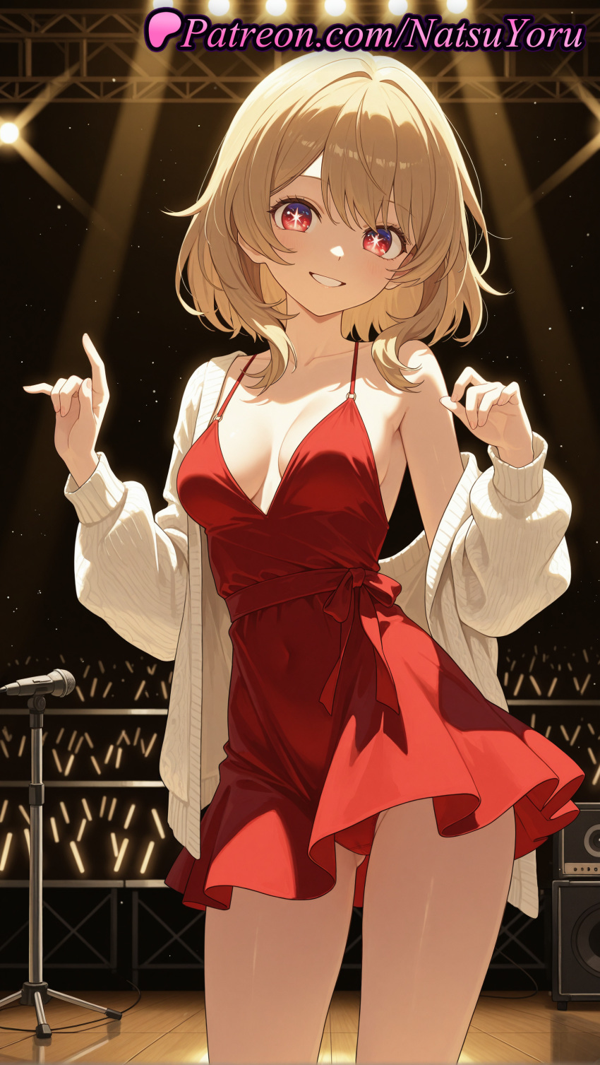 +_+ 1girl ai_generated anime anime_style asian ass_visible_through_thighs bangs bare_shoulders big_breasts blonde_hair blush breasts bust cardigan cleavage clothing collarbone concert covered_navel cowboy_shot dress female_focus glowstick grin hands_up hentai high_quality high_res high_resolution lips long_sleeves looking_at_viewer medium_breasts medium_hair microphone microphone_stand natsuyoru off_shoulder open_cardigan open_clothes open_jacket oshi_no_ko panties panty_peek pantyshot patreon red_dress red_eyes red_panties saitou_miyako short_dress short_hair single_bare_shoulder sleeveless sleeveless_dress smile solo_focus spaghetti_strap speaker spotlight stage stage_lights standing star-shaped_pupils symbol-shaped_pupils teeth thighs underwear voluptuous voluptuous_female white_cardigan white_jacket