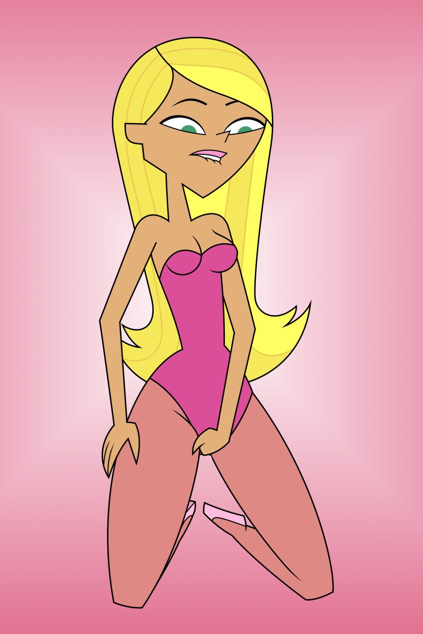 1girl 1girl 1girl areola biting_lip biting_own_lip blonde_hair blush blushing_profusely breasts cartoon_network dakota_(tdi) fresh_tv green_eyes human kneel leotard light_skin looking_at_pussy looking_down masturbation nipples nude on_knees pink_leotard pink_stockings pussy pussy solo_female stockings tan_body tan_skin teletoon tjlive5 total_drama:_revenge_of_the_island total_drama_island vaginal_masturbation vaginal_penetration