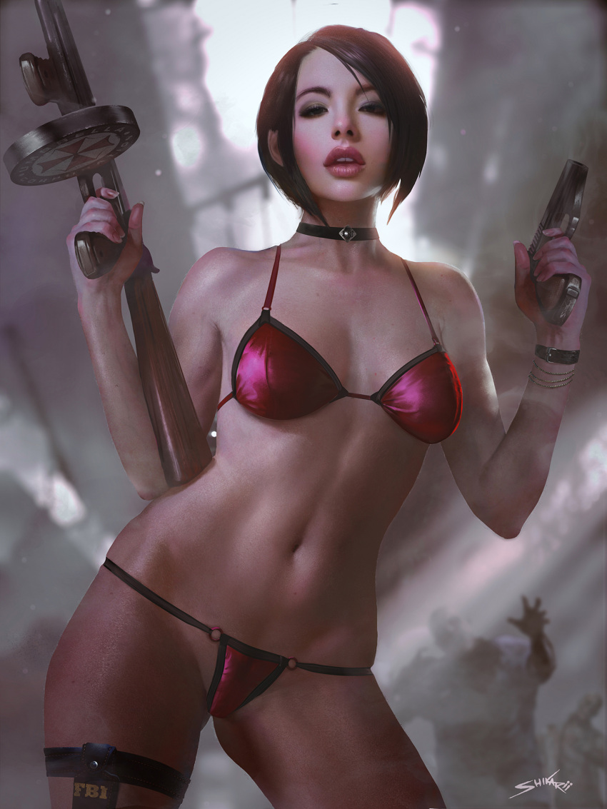 1girl ada_wong alternate_costume bangs bare_arms bare_legs bare_shoulders bikini black_choker black_eyes black_hair bracelet breasts cameltoe capcom choker collarbone contrapposto expressionless eyeshadow female_focus female_only female_solo grey_eyeshadow gun half-closed_eyes hands_up holding holding_gun holding_weapon holster indoors jewelry legs lips lipstick looking_at_viewer makeup midriff monster navel neck necklace open_mouth pink_lipstick red_bikini red_swimsuit resident_evil resident_evil_4 resident_evil_4_remake round_teeth shikarii short_hair small_breasts solo_focus standing swept_bangs swimsuit teeth thick_lips thighs upper_teeth upper_teeth_only watch weapon wristwatch zombie