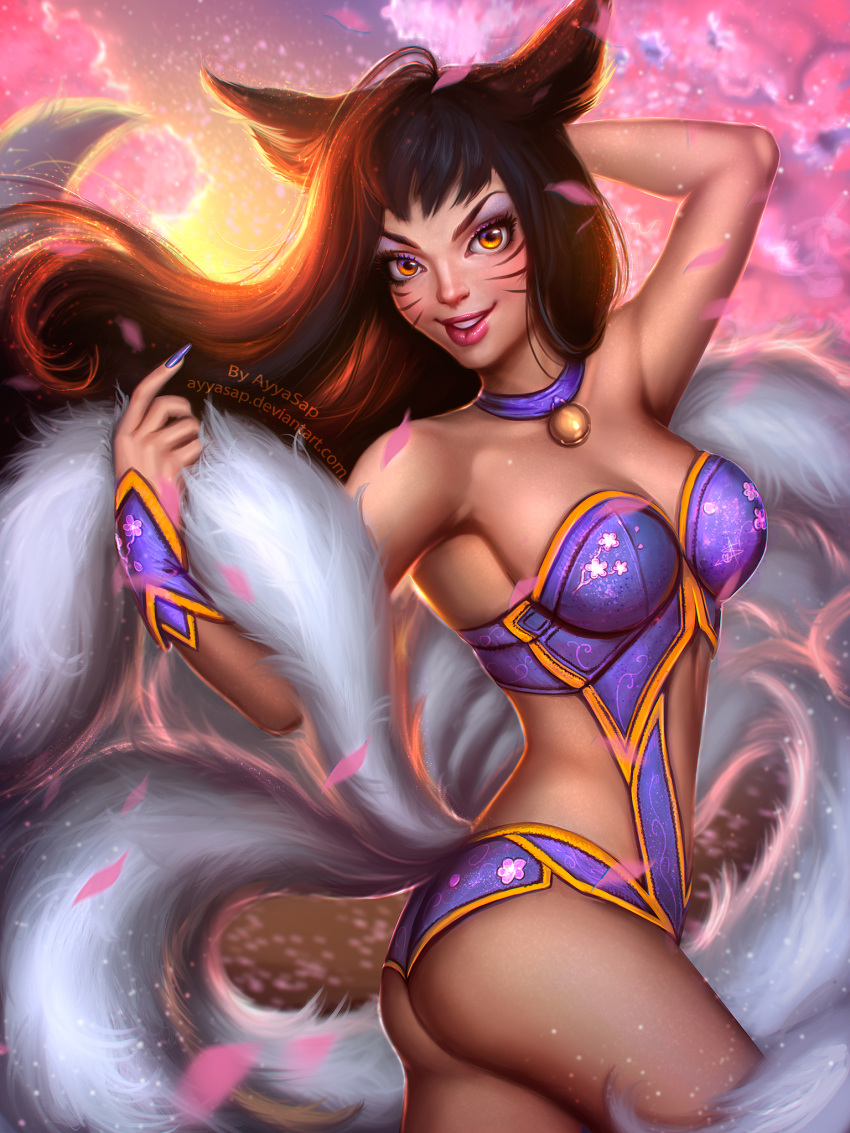 1girl ahri ahri_(league_of_legends) alternate_costume animal_ears arm_up armpits ass ayyasap bare_arms bare_legs bare_shoulders bell bell_collar black_hair blue_nails breasts choker cleavage collarbone eyeshadow female_only female_solo floating_hair fox_ears fox_girl fox_tail grin hand_up jewelry jingle_bell league_of_legends legs leotard lips lipstick long_hair looking_at_viewer makeup medium_breasts multiple_tails nail_polish naughty_face neck necklace orange_eyes parted_lips petals pink_lipstick pose posing purple_choker purple_leotard revealing_clothes riot_games smile standing straight_hair strapless strapless_leotard tail