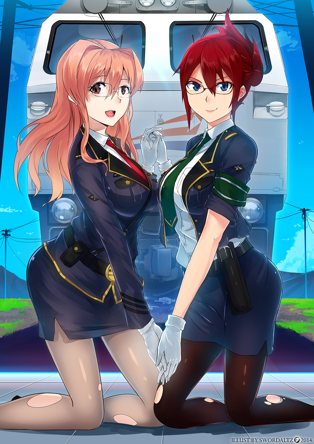 2_girls aoi_sakurai belt big_breasts black_belt black_jacket black_legwear black_pantyhose black_skirt blue_eyes breast_press breasts brown_legwear brown_pantyhose closed_mouth collared_shirt couple day duo eyebrows_visible_through_hair eyes_visible_through_hair female/female female_only folded_ponytail friends full_body glasses gloves green_necktie hair_between_eyes hair_intakes hand_up happy haruka_koumi holding_hands holster indoors interlocked_fingers jacket kneel kneeling_on_floor koumi_haruka legwear light_brown_hair long_hair long_sleeves looking_at_viewer love miniskirt multiple_girls mutual_yuri neck neck_tie on_floor open_clothes open_jacket open_mouth pantyhose pencil_skirt rail_wars! red_eyes red_hair red_necktie round_teeth sakurai_aoi shadow shirt short_hair side_slit skirt sleeves_rolled_up smile straight_hair swordwaltz swordwaltz_(artist) teeth tied_hair torn_legwear torn_pantyhose train train_station uniform upper_teeth upper_teeth_only white_gloves white_shirt yuri