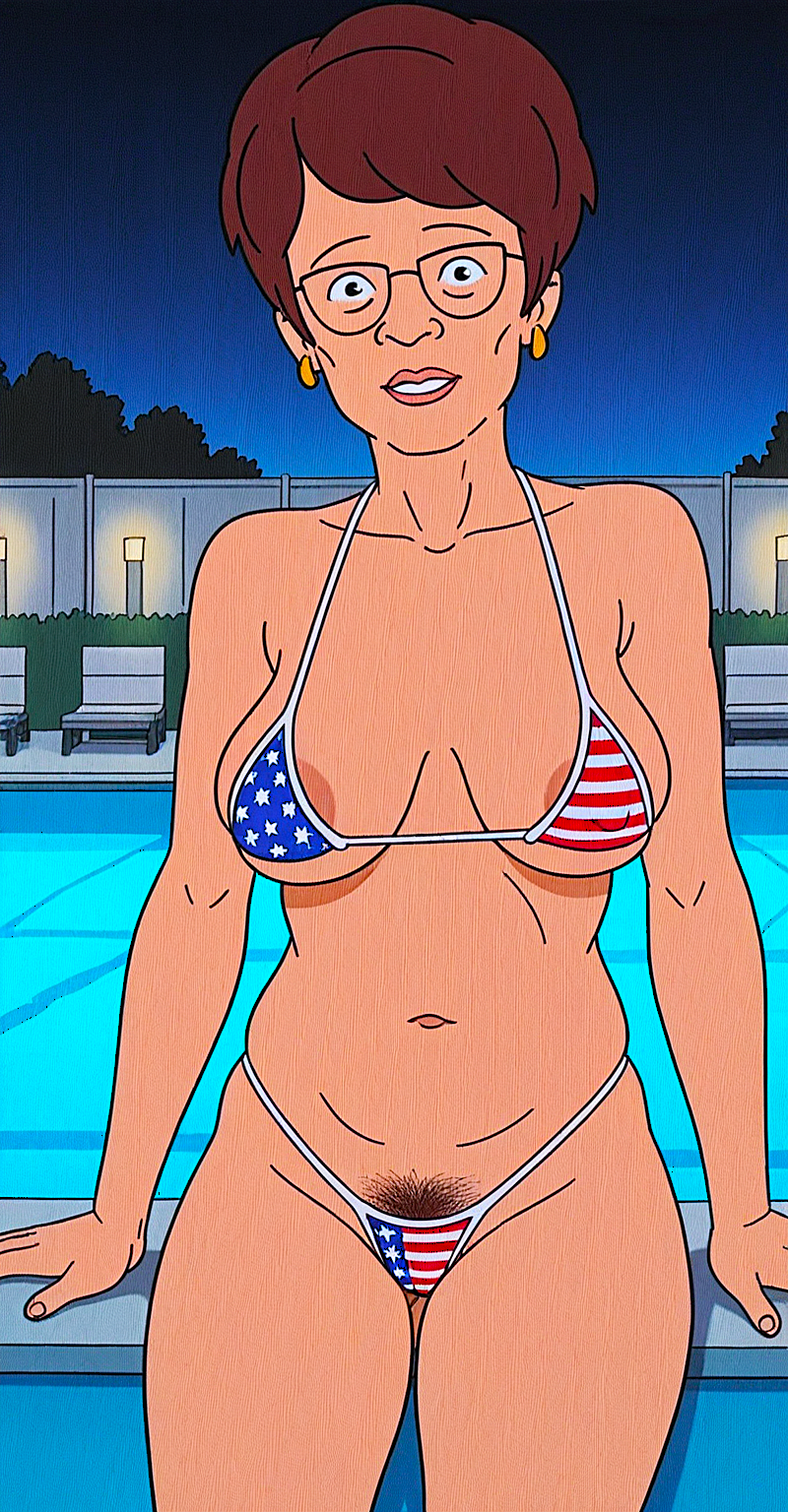 bikini breasts glasses king_of_the_hill looking_at_viewer peggy_hill pubic_hair thighs