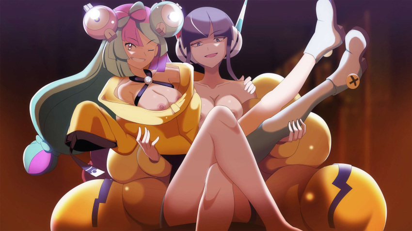 1girl 2_girls bare_legs bare_shoulders black_hair black_skirt blue_eyes blue_hair boots breasts breasts_out coat edit edited elesa_(pokemon) elesa_(pokemon_bw2) female_only gray_top hair_ornament headgear headphones headwear human iono_(pokemon) long_hair looking_at_viewer miniskirt multiple_girls nanjamo nanjamo_(pokemon) nintendo nipples no_bra nude pink_eyes pink_hair pokemon pokemon_bw pokemon_bw2 pokemon_sv robbydneiro scarf short_hair skirt stockings thick_thighs topless vivivoovoo white_boots white_stockings wink winking winking_at_viewer yellow_coat
