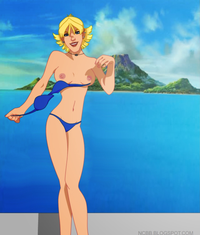 1girl badassk9 bare_arms bare_legs bikini blonde_female blonde_hair blue_bikini blue_eyes blue_swimsuit boom-boom breasts cloud day ear_piercing earrings eyeshadow female_only female_solo grin half-closed_eyes hand_up island jewelry legs lips lipstick looking_at_viewer makeup marvel marvel_comics midriff mountain navel neck necklace nipples ocean outside parted_lips piercing red_lipstick short_hair sky smile standing swimsuit tabitha_smith teenage_girl undressing water x-men x-men_evolution
