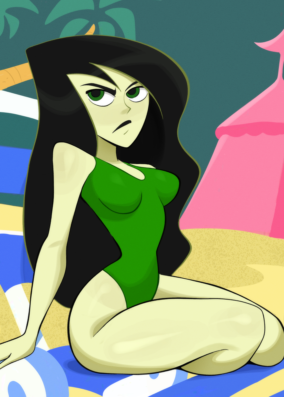 1girl 2024 black_hair disney disney_channel female_focus female_only green_eyes green_skin kim_possible long_hair newguy1091 shego small_breasts swimsuit_pull